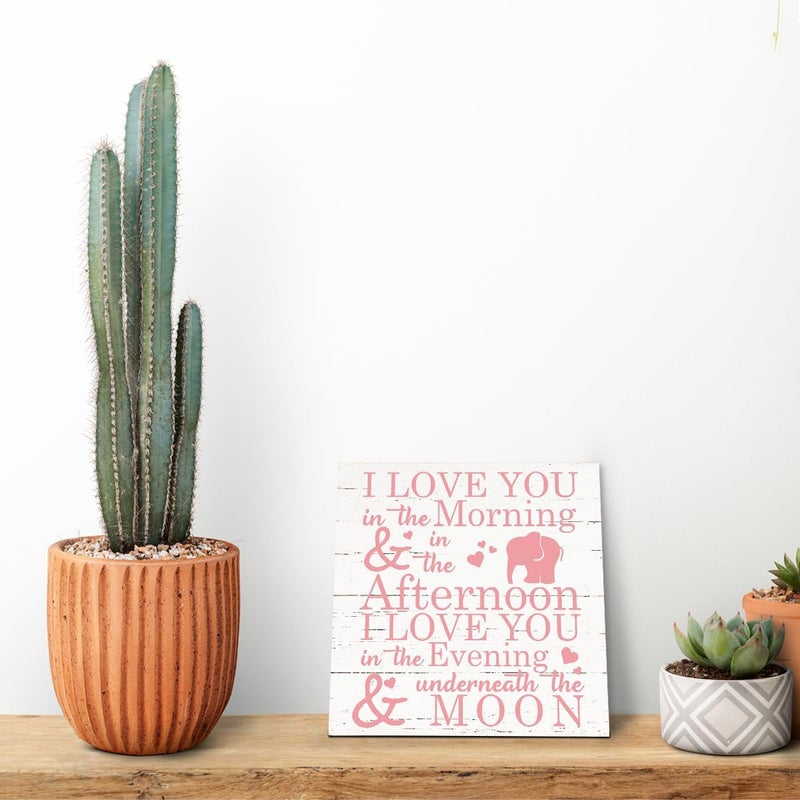 SUSZDOU Love Sign, Wood Plaque Table Art Sign 6.2 * 6.2inch, Elephant Wood Sign for Nursery, Decoration for Baby Girls Room, Daughter's Room Decor, I Love You in the Morning Afternoon Evening & Moon E - Image 5